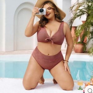 Hanna Nikole Bikini Set small textured lined copper pink brown look NEW